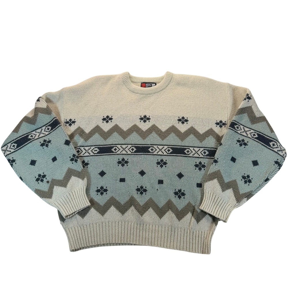 VTG Todays News Mens L Acrylic Knit Crewneck Sweater Geometric Teal Sage Cream